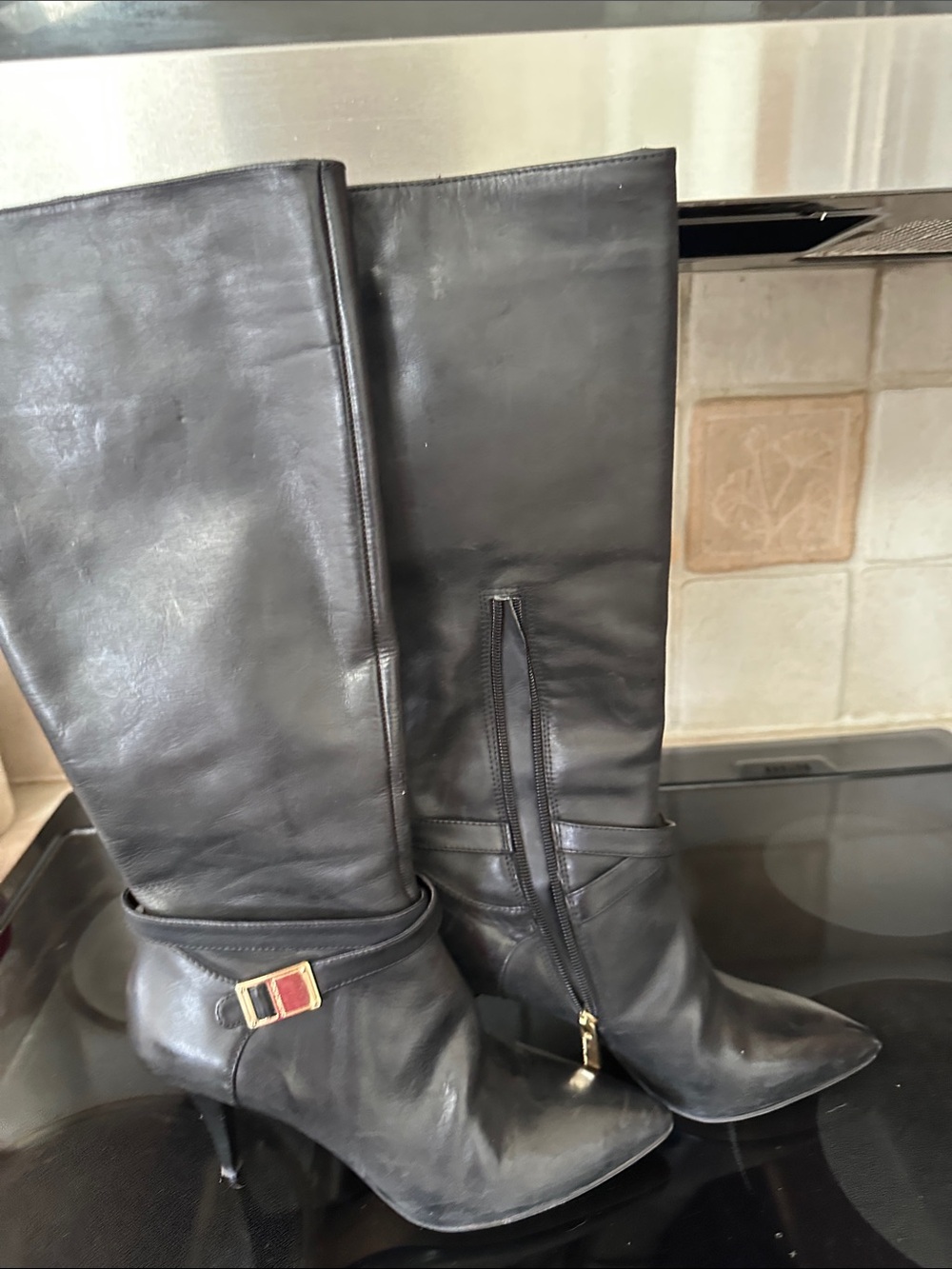 Vince Camuto Black Leather Knee-High Pointed-Toe Heeled Boots